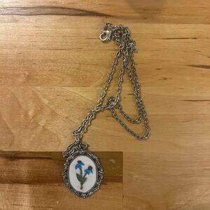 Silver Chain Necklace with Floral Embroidered Pendant